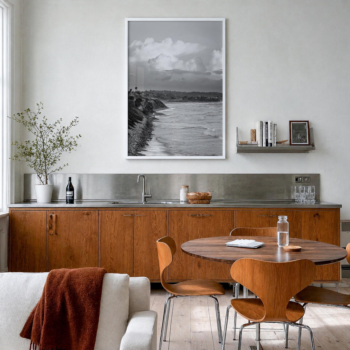 Encinitas no. 4 black & white photo poster of California, USA – vertical wall art in white wood frame, hanging on wall