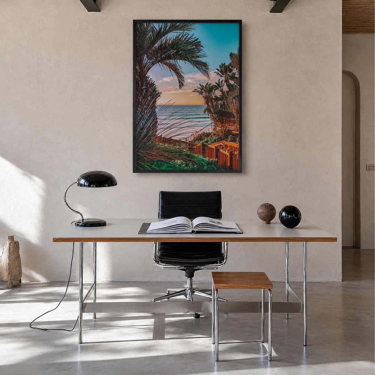 Encinitas no. 5 colorful photo poster of California, USA – vertical wall art in black wood frame, hanging on wall