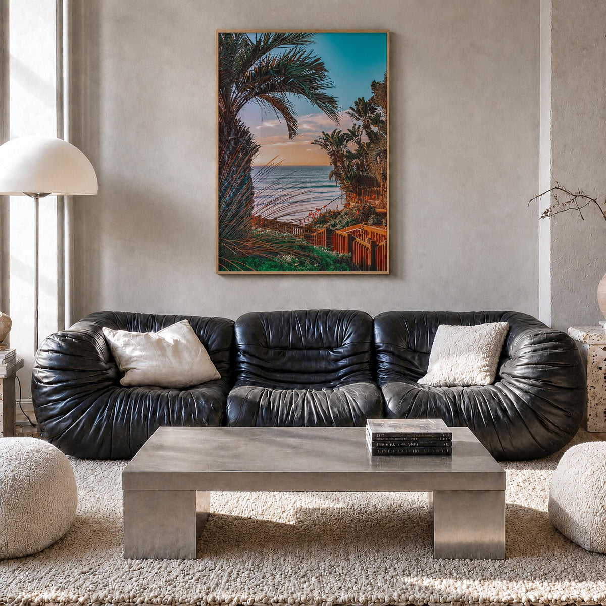 Encinitas no. 5 colorful photo poster of California, USA – vertical wall art in natural wood frame, hanging on wall