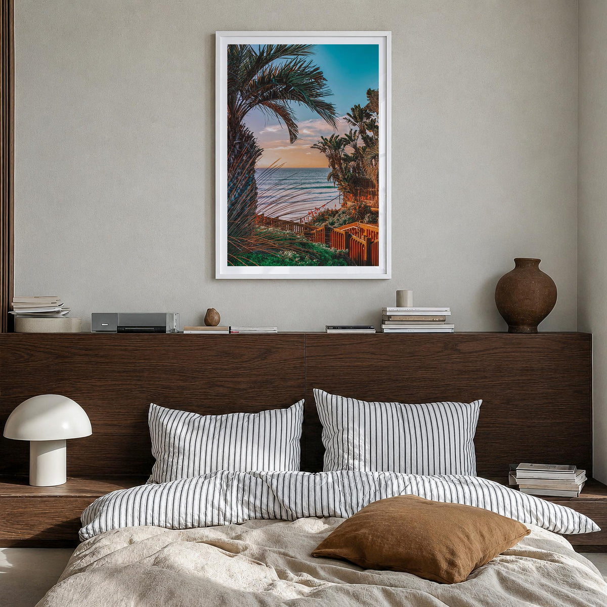 Encinitas no. 5 colorful photo poster of California, USA – vertical wall art in white wood frame with white border, hanging o