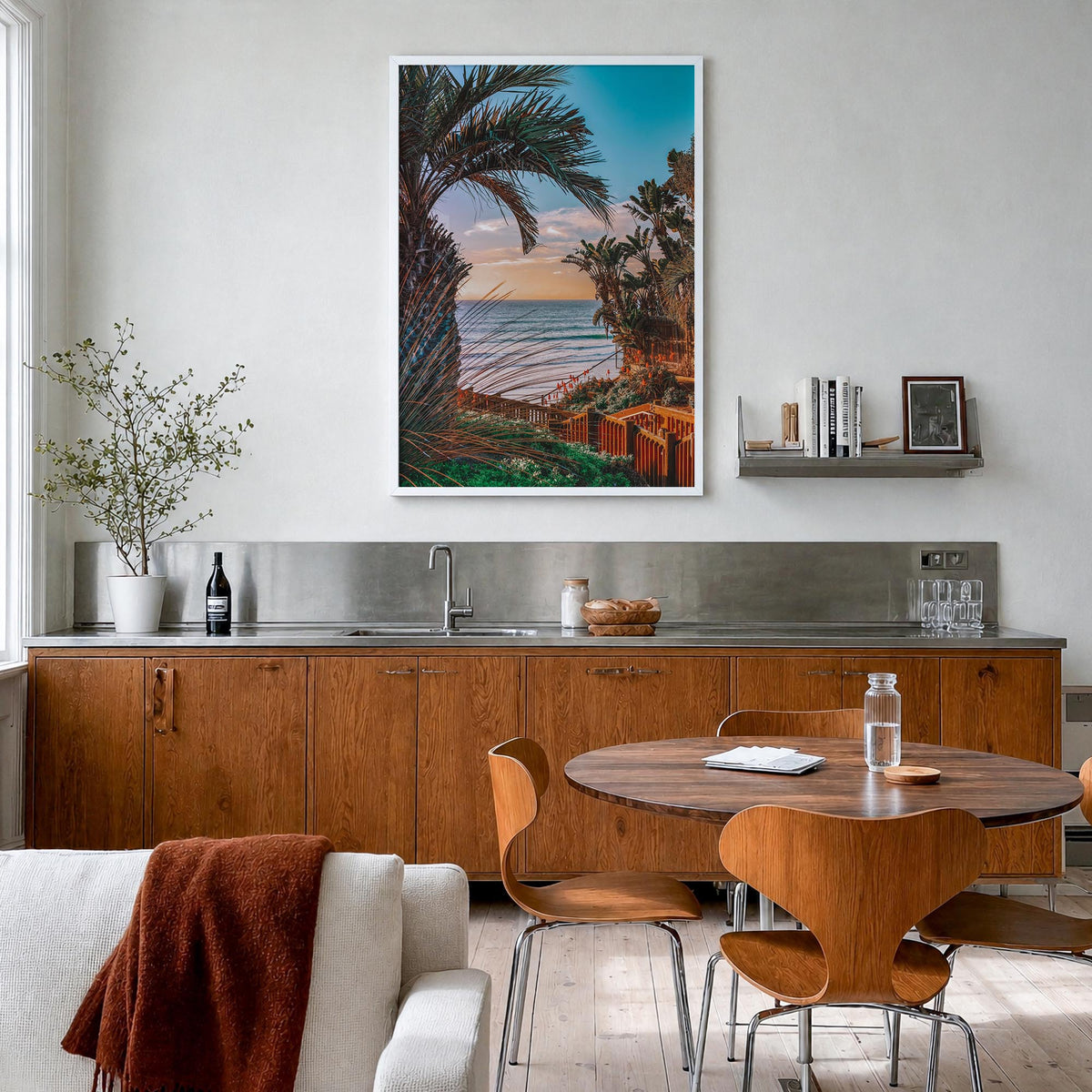 Encinitas no. 5 colorful photo poster of California, USA – vertical wall art in white wood frame, hanging on wall
