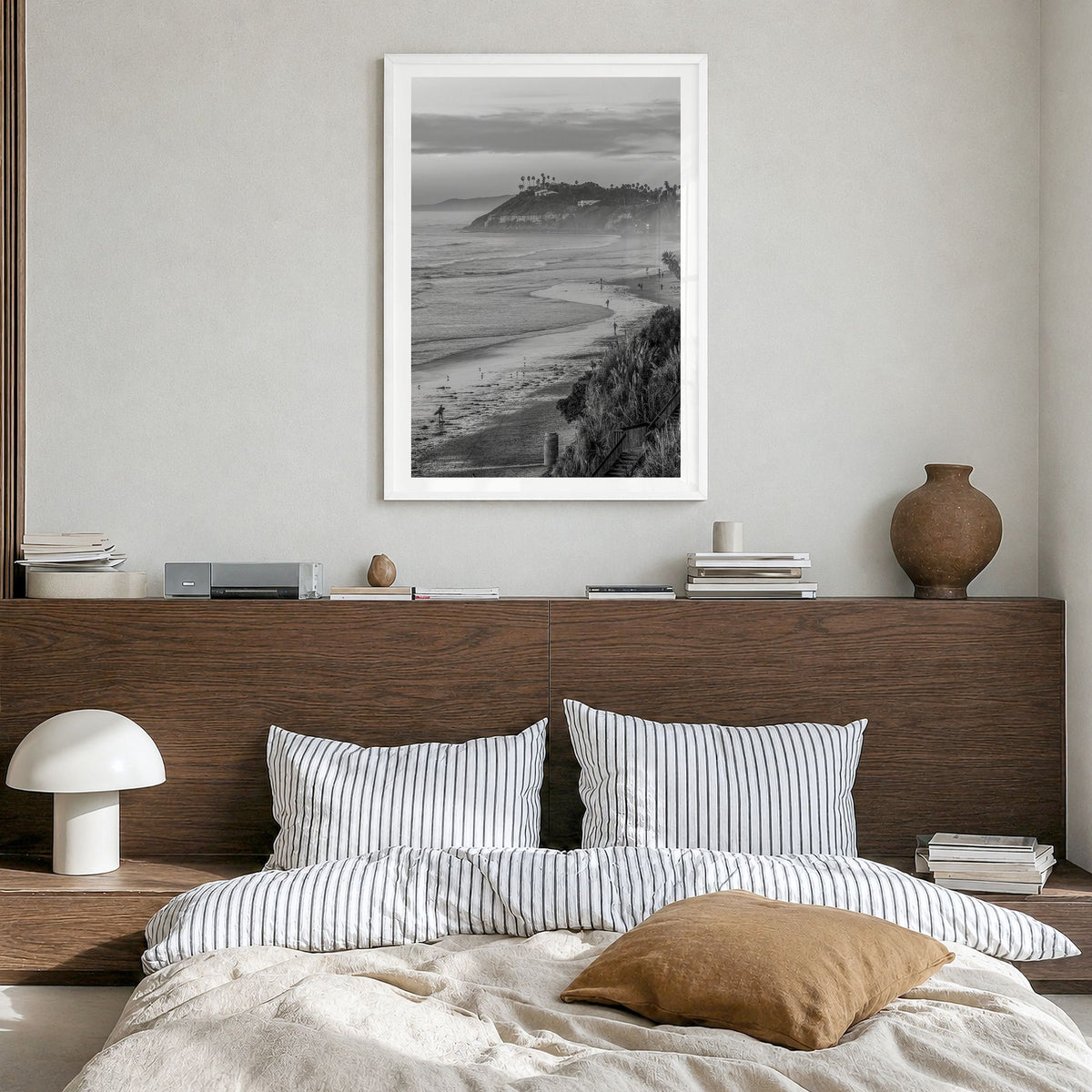 Encinitas Photo No 2 Poster in a white wood frame, hanging in a bedroom, white border