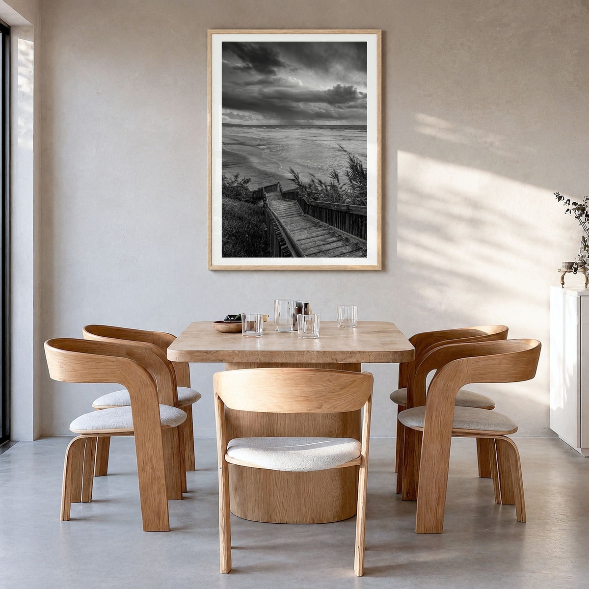 Encinitas Photo No 3 Poster in a natural wood frame, hanging in a dining room, white border