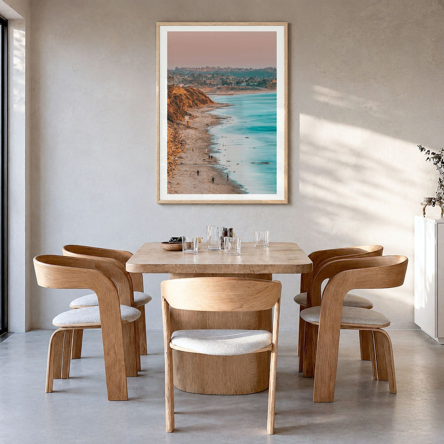 Encinitas Photo No 1 Poster in a natural wood frame, hanging in a dining room, white border