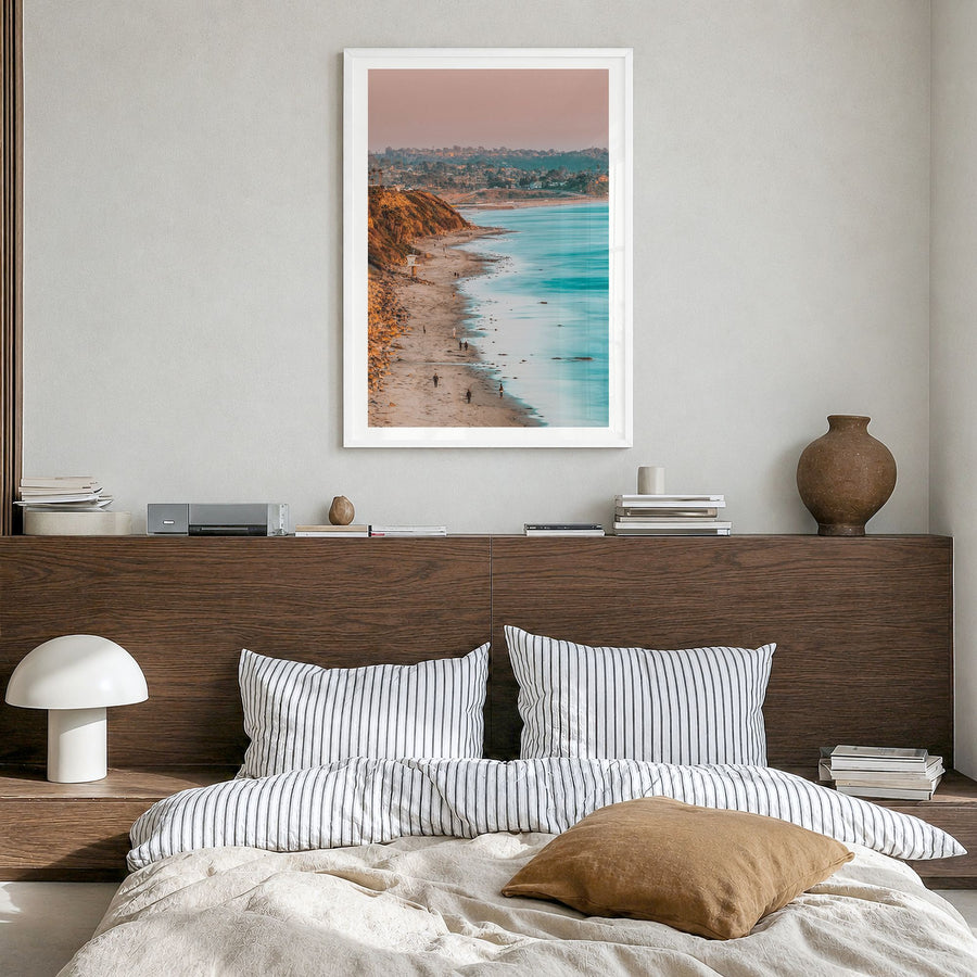 Encinitas Photo No 1 Poster in a white wood frame, hanging in a bedroom, white border