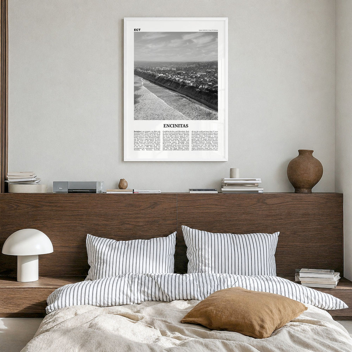 Encinitas Newspaper No 2 Poster in a white wood frame, hanging in a bedroom