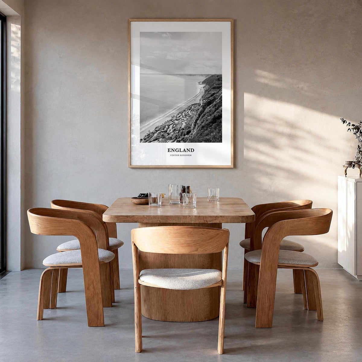 England black & white classic poster of United Kingdom – vertical wall art in natural wood frame, hanging on wall