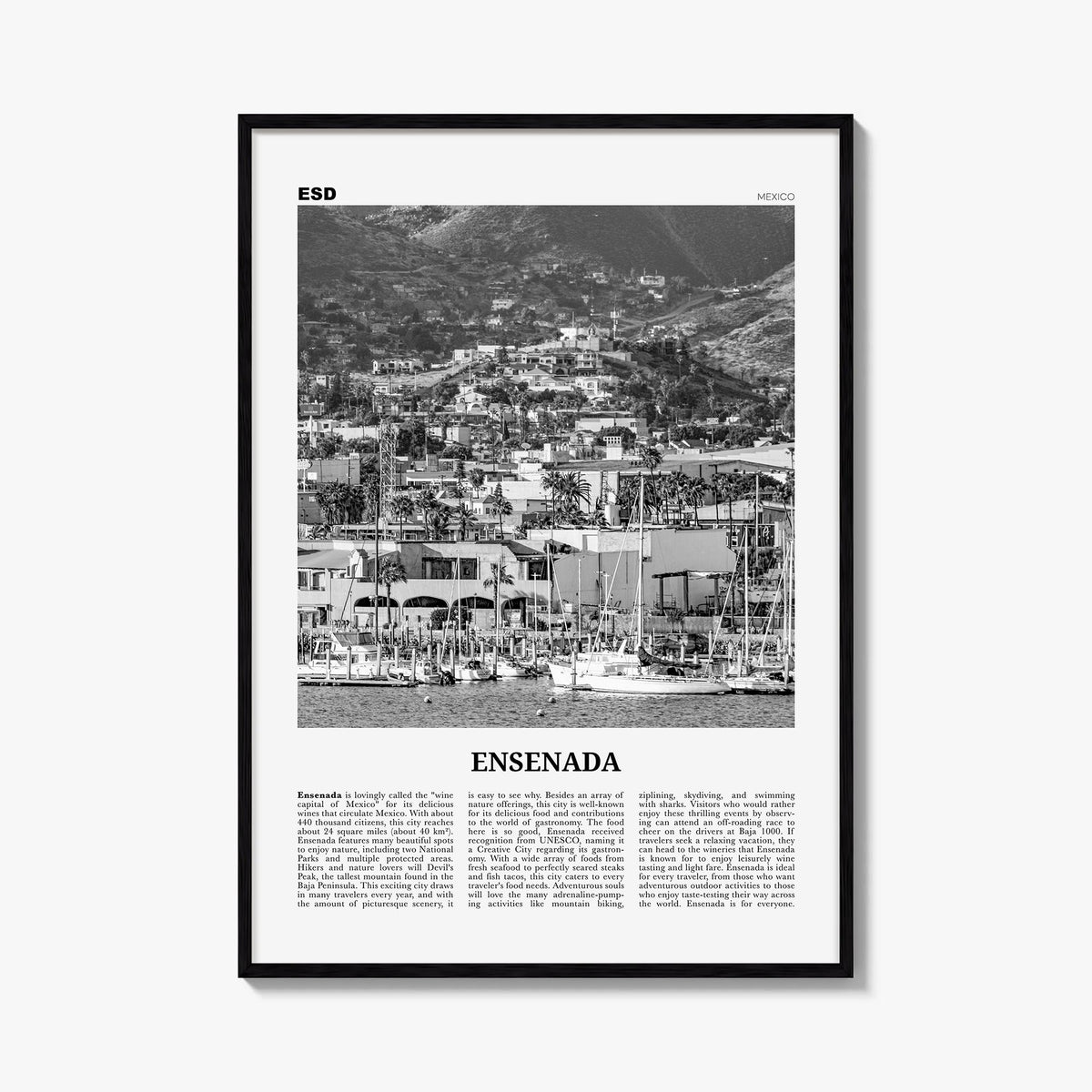 Ensenada black & white newspaper poster of Mexico – vertical wall art, unframed print shown in interior mockup