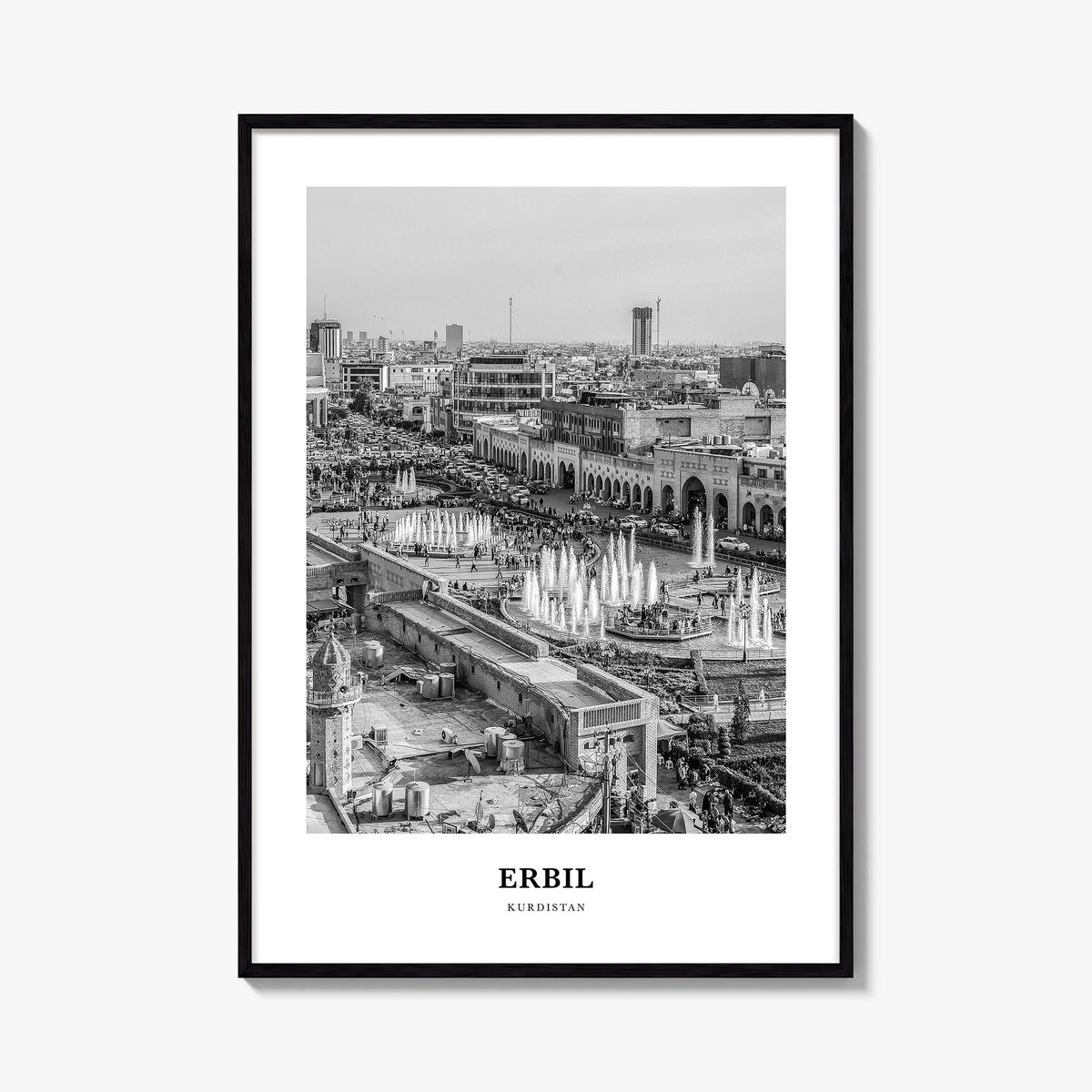 Erbil black & white classic poster of Iraq – vertical wall art, unframed print shown in interior mockup