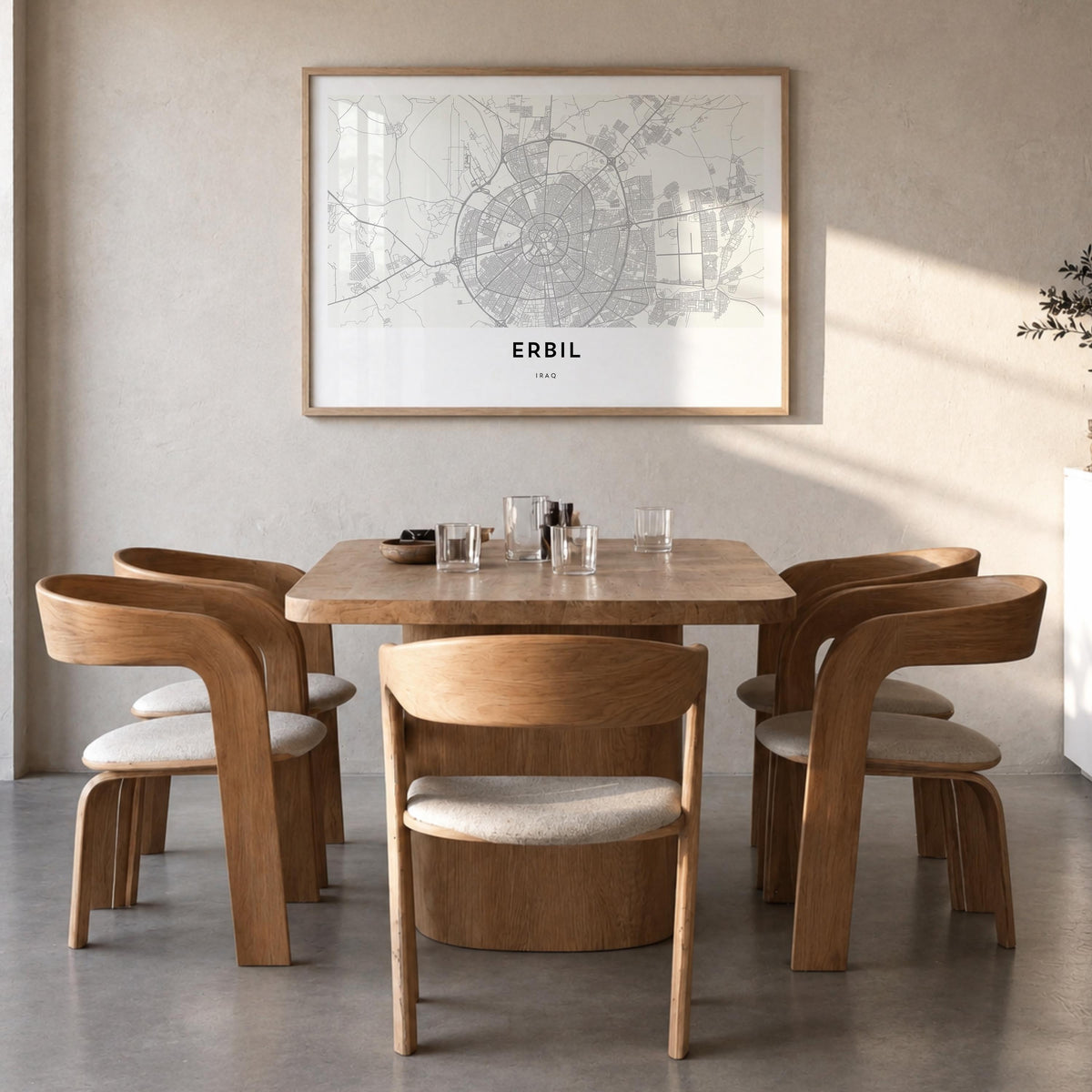 Erbil black & white map poster of Iraq – horizontal wall art in natural wood frame, hanging on wall