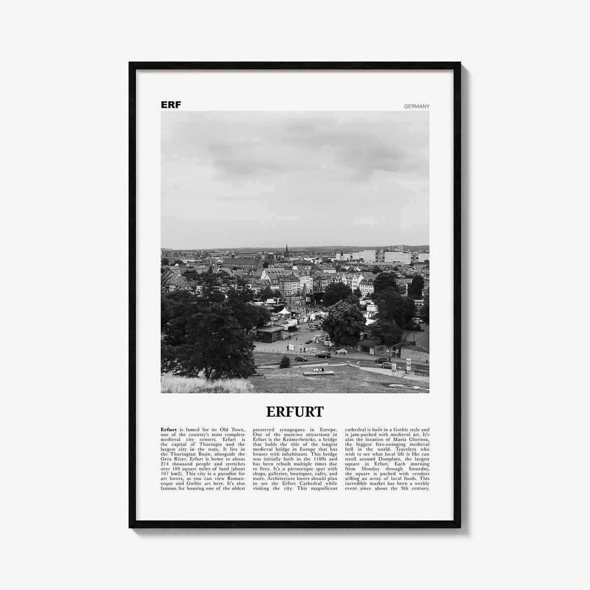 Erfurt black & white newspaper poster of Germany – vertical wall art, unframed print shown in interior mockup