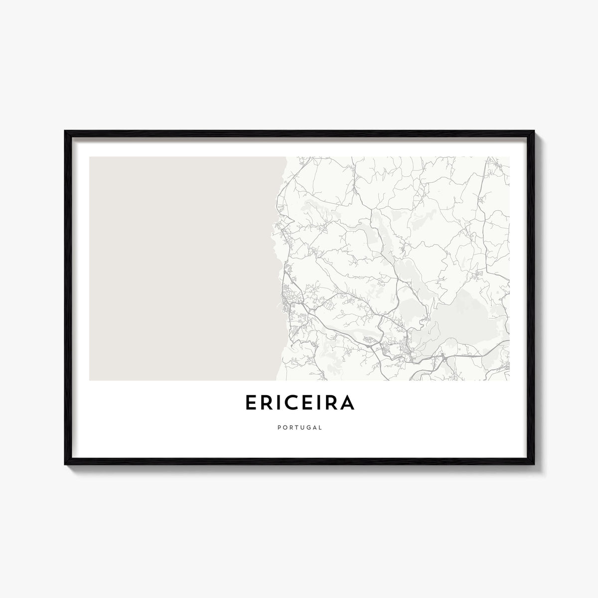 Ericeira black & white map poster of Portugal – horizontal wall art, unframed print shown in interior mockup