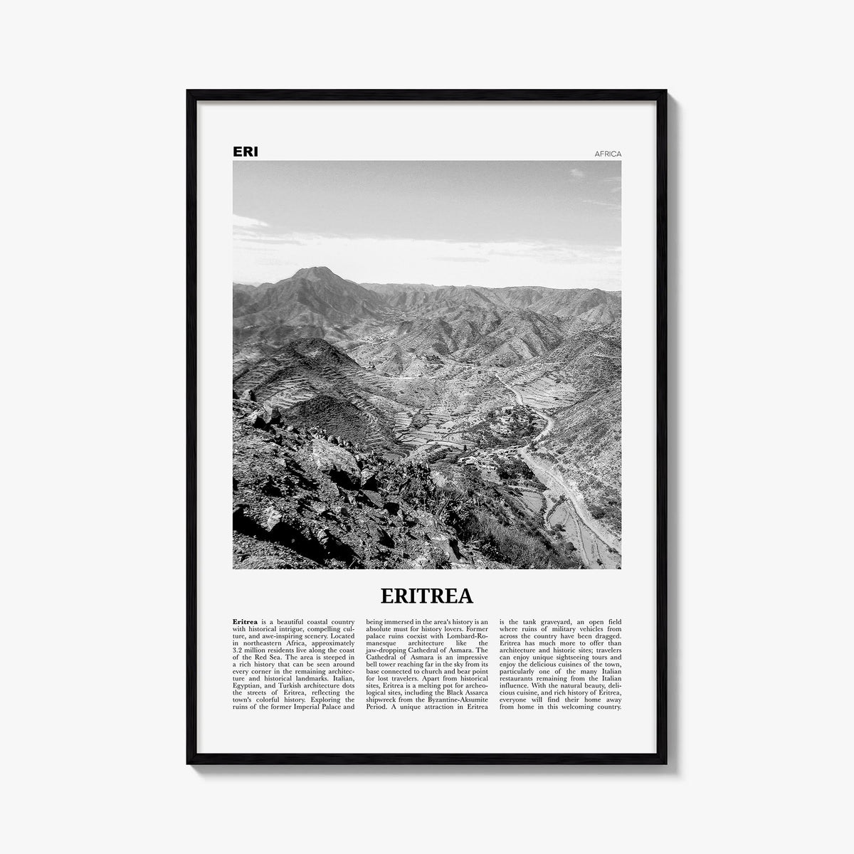 Eritrea black & white newspaper poster of Africa – vertical wall art, unframed print shown in interior mockup