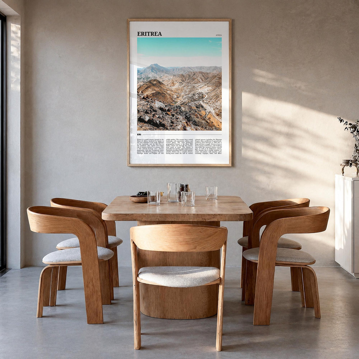 Eritrea colorful travel poster of Africa – vertical wall art in natural wood frame, hanging on wall