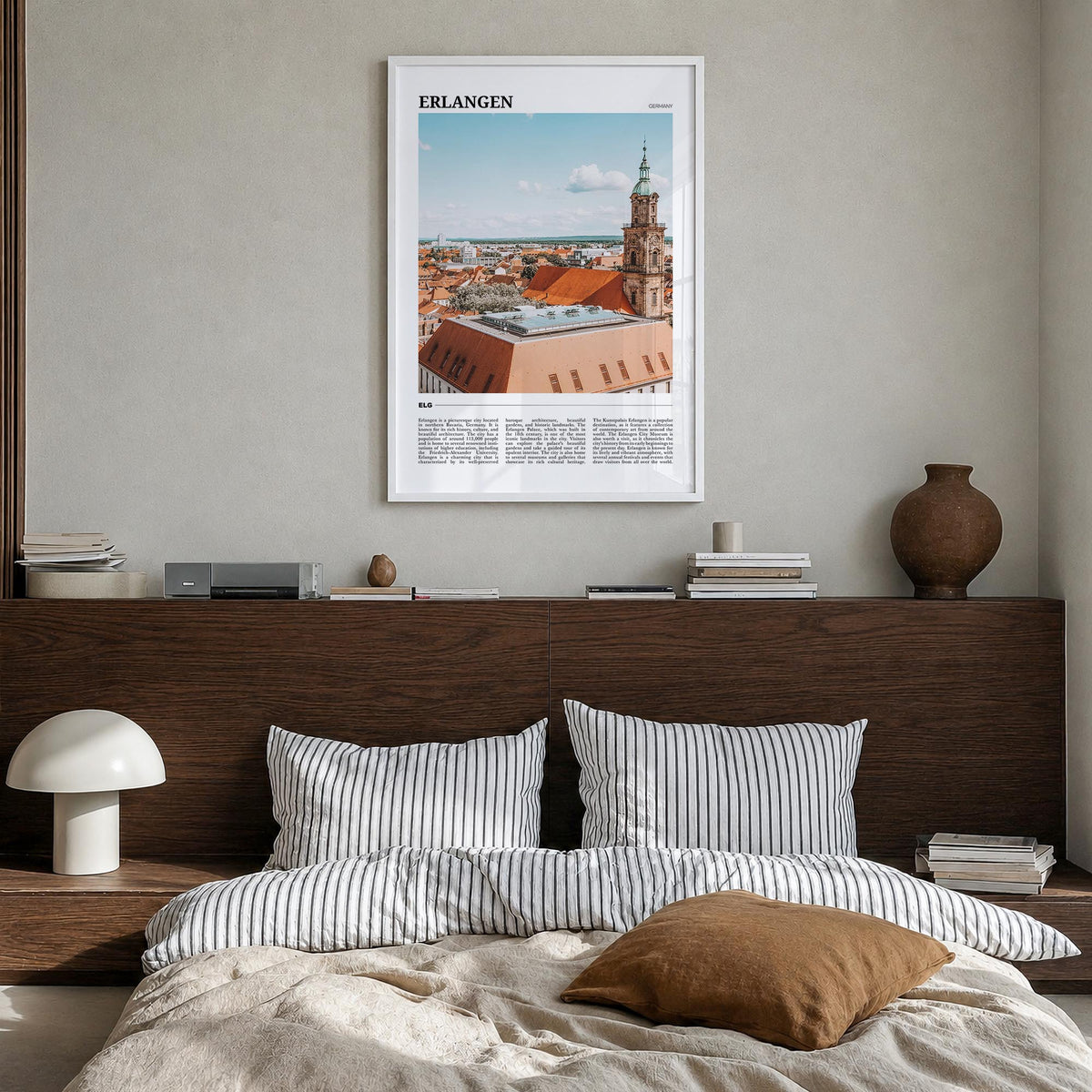 Erlangen colorful travel poster of Germany – vertical wall art in white wood frame, hanging on wall