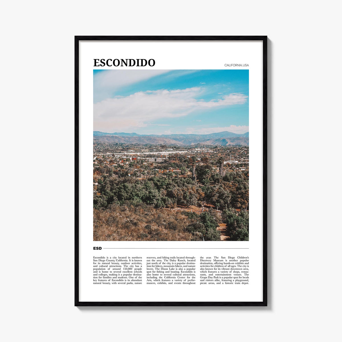 Escondido colorful travel poster of California, USA – vertical wall art, unframed print shown in interior mockup