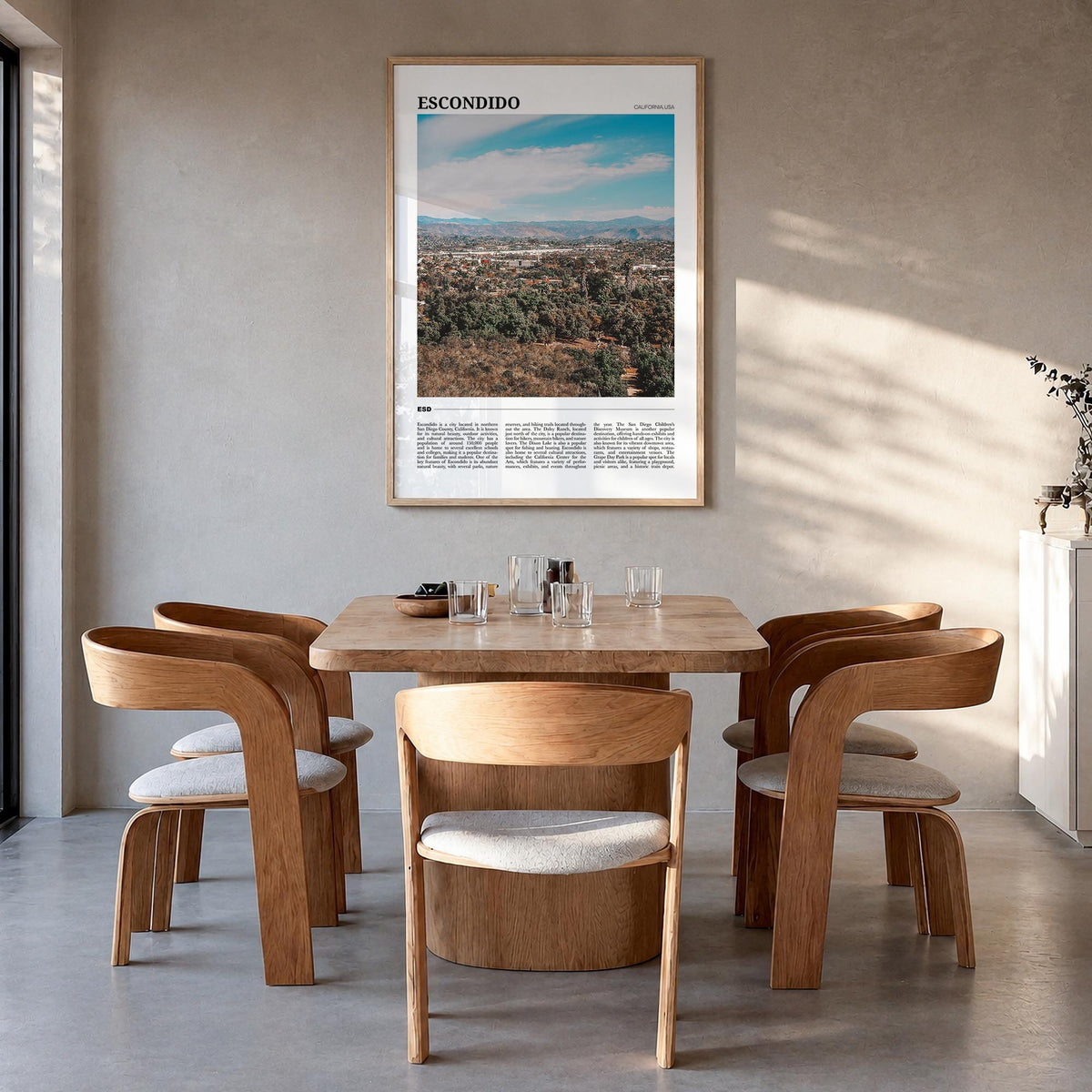 Escondido colorful travel poster of California, USA – vertical wall art in natural wood frame, hanging on wall