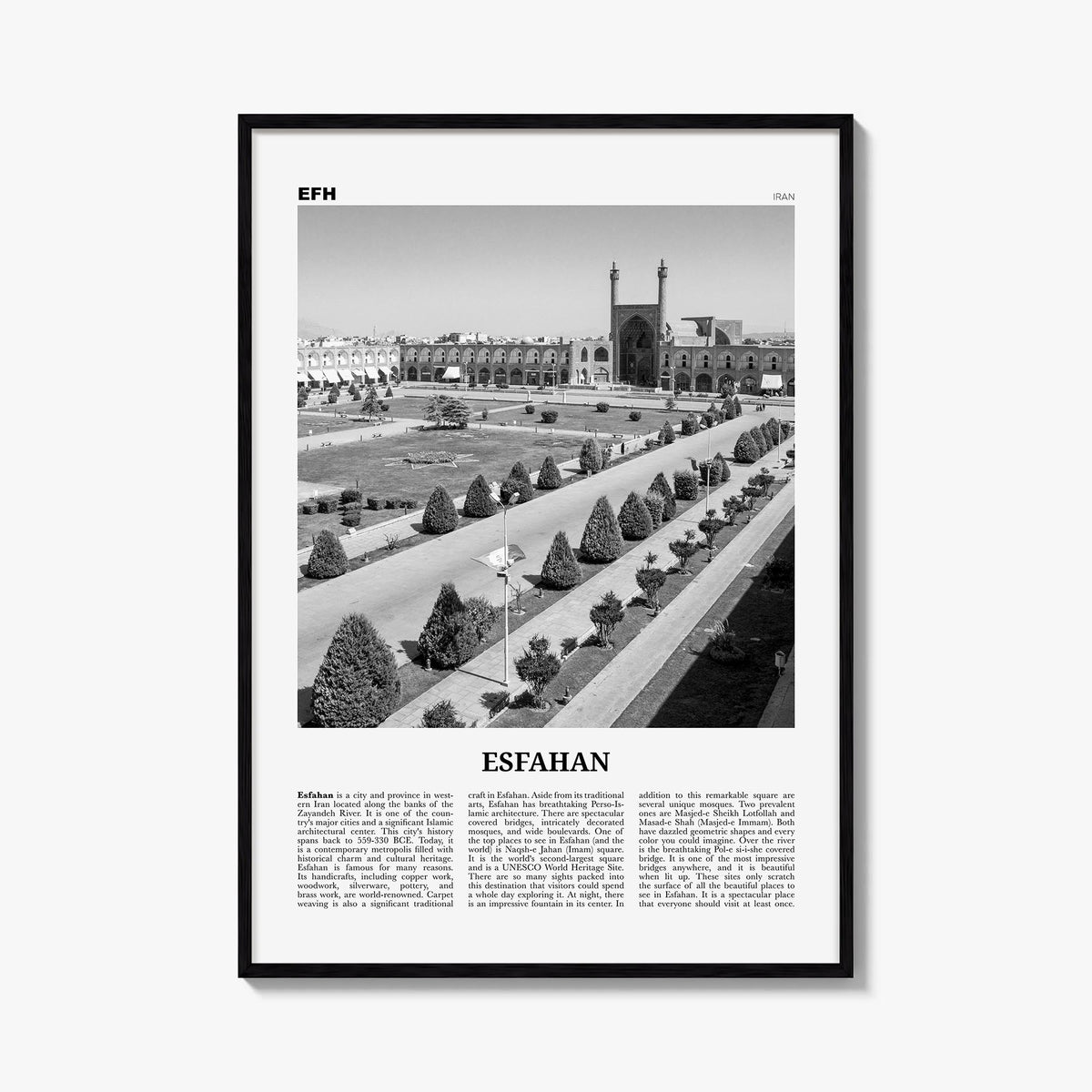 Esfahan black & white newspaper poster of Iran – vertical wall art, unframed print shown in interior mockup