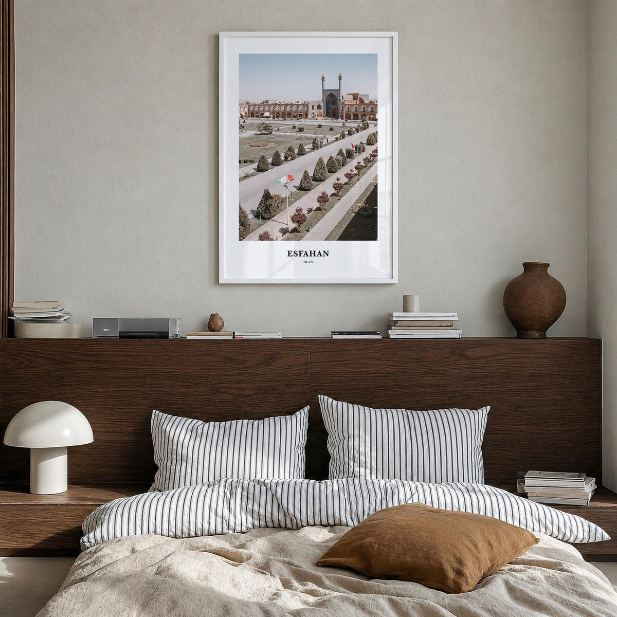 Esfahan colorful classic poster of Iran – vertical wall art in white wood frame, hanging on wall