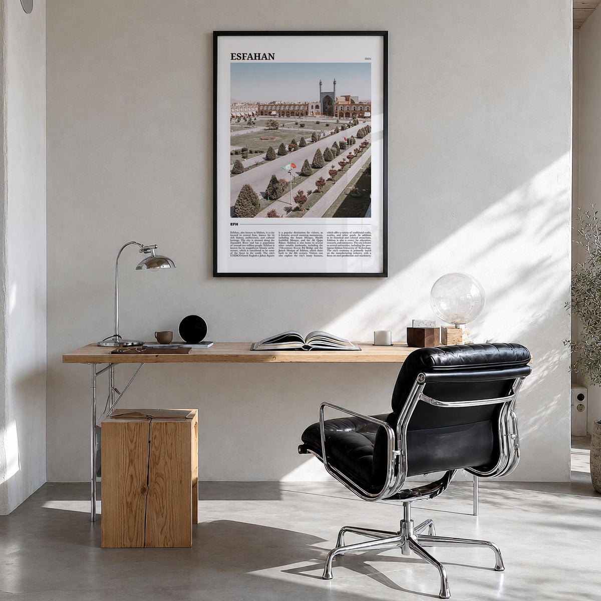 Esfahan colorful travel poster of Iran – vertical wall art in black wood frame, hanging on wall