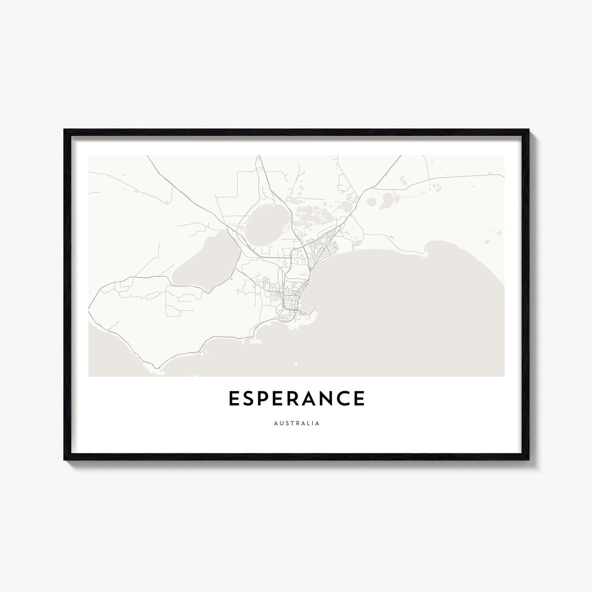 Esperance black & white map poster of Australia – horizontal wall art, unframed print shown in interior mockup