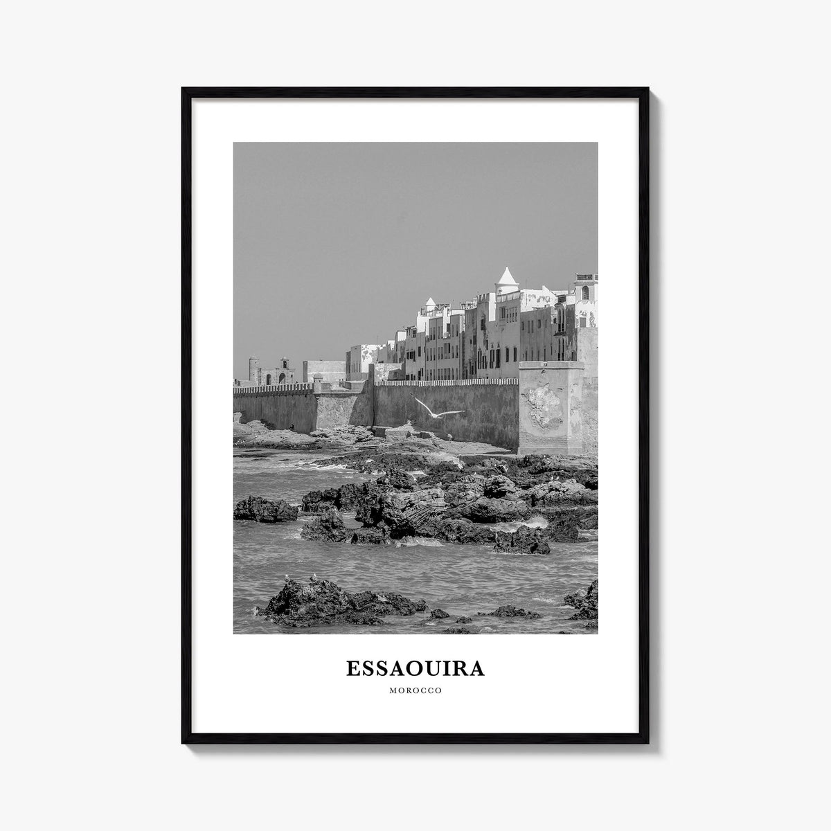 Essaouira black & white classic poster of Morocco – vertical wall art, unframed print shown in interior mockup