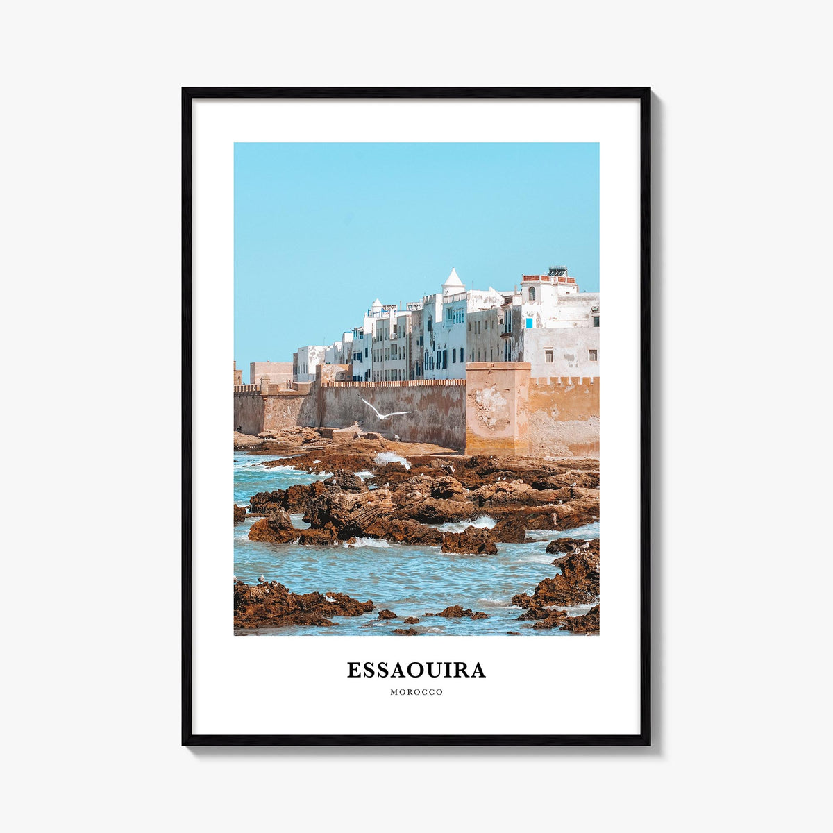 Essaouira no. 2 colorful classic poster of Morocco – vertical wall art, unframed print shown in interior mockup