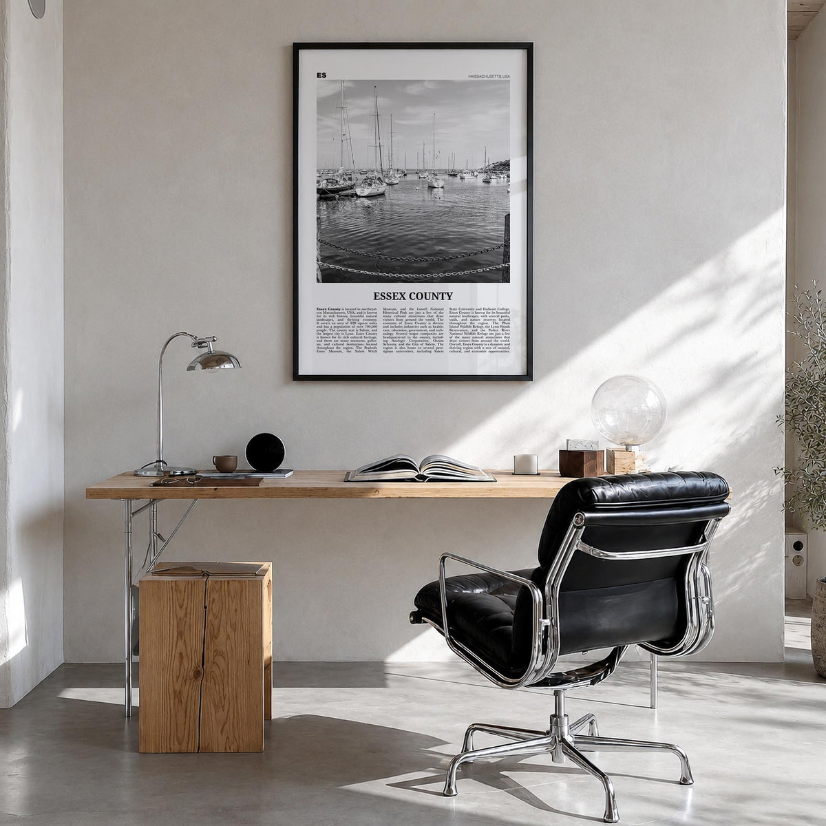 Essex County black & white newspaper poster of New Jersey, USA – vertical wall art in black wood frame, hanging on wall