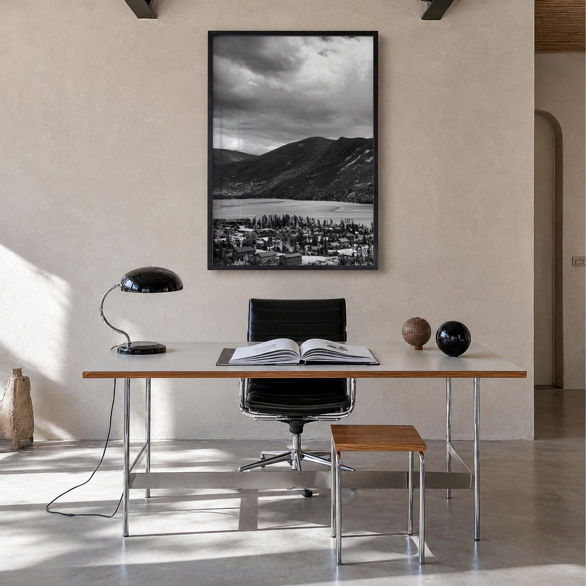 Estes Park black & white photo poster of Colorado, USA – vertical wall art in black wood frame, hanging on wall