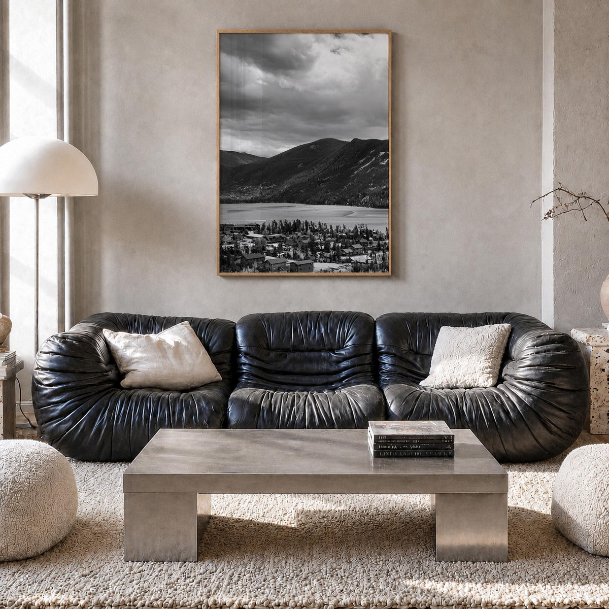 Estes Park black & white photo poster of Colorado, USA – vertical wall art in natural wood frame, hanging on wall