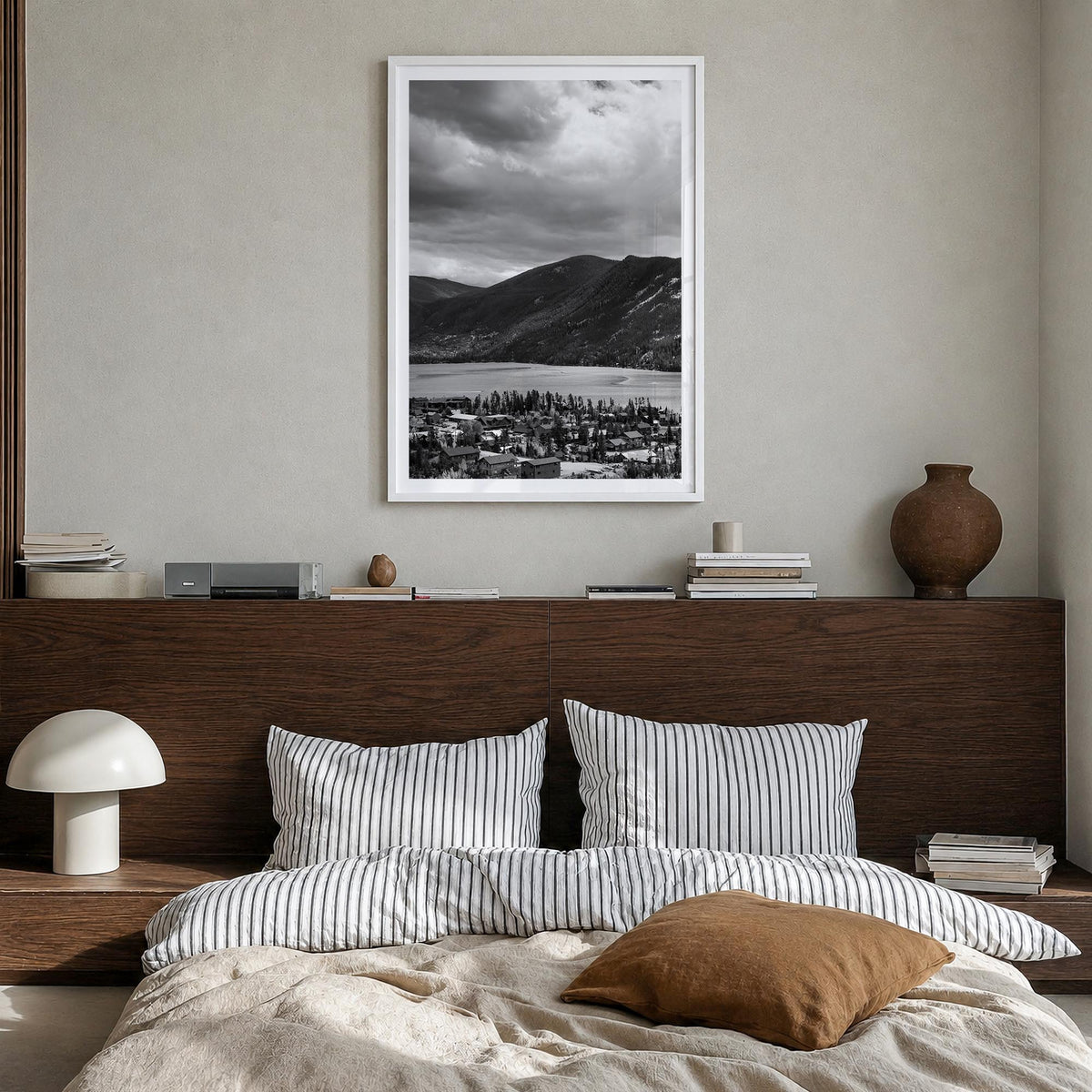 Estes Park black & white photo poster of Colorado, USA – vertical wall art in white wood frame with white border, hanging on