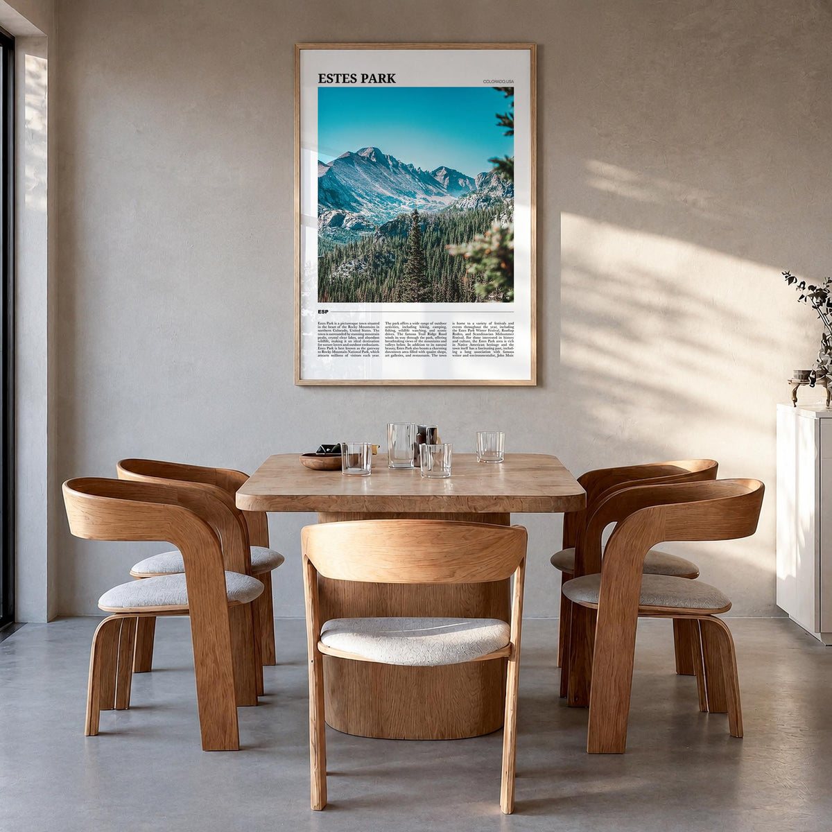 Estes Park colorful travel poster of Colorado, USA – vertical wall art in natural wood frame, hanging on wall