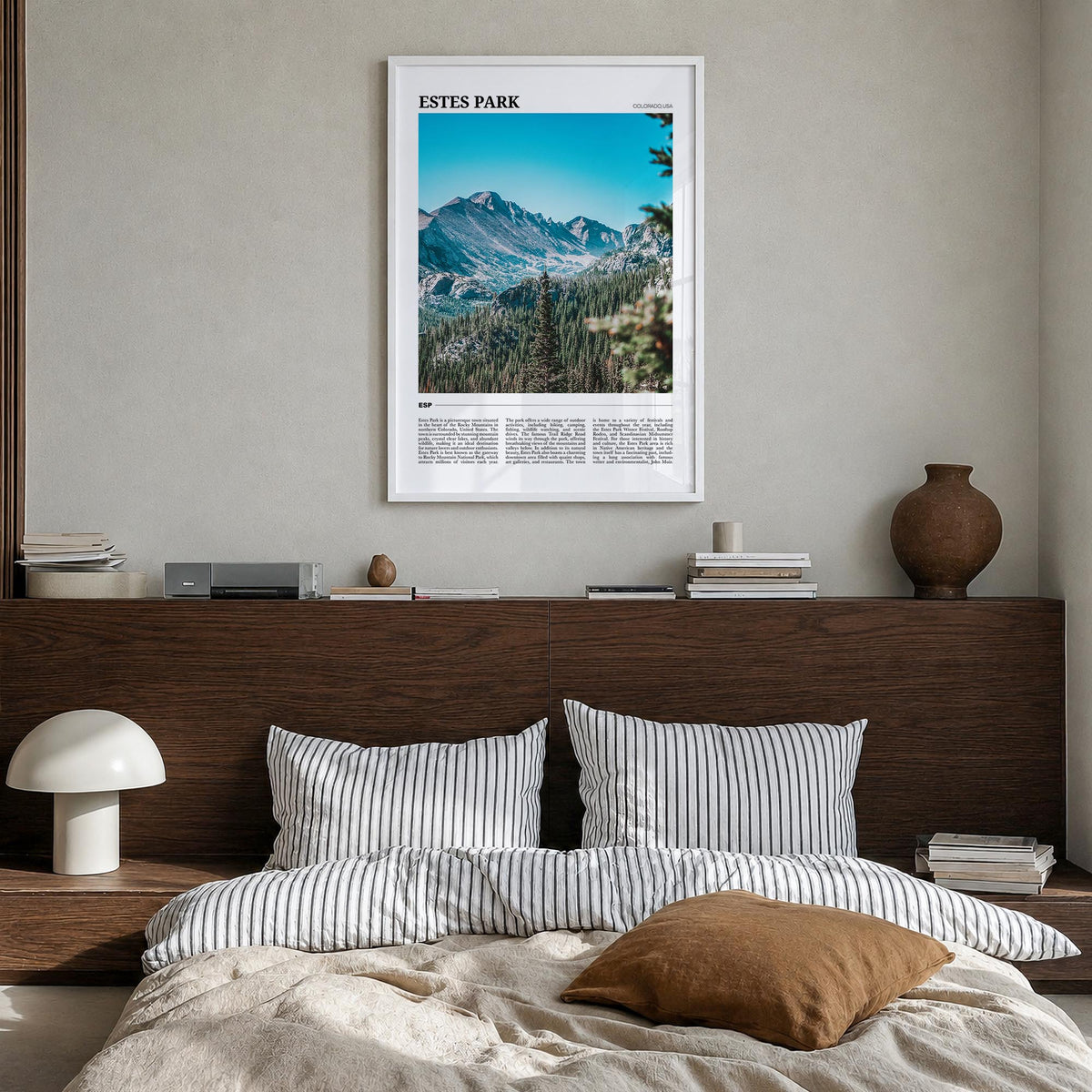 Estes Park colorful travel poster of Colorado, USA – vertical wall art in white wood frame, hanging on wall