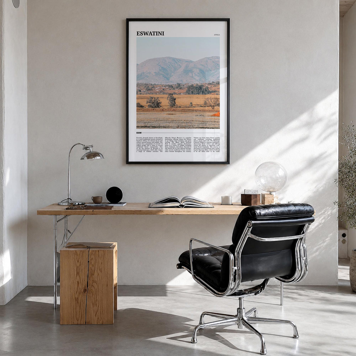 Eswatini colorful travel poster of Africa – vertical wall art in black wood frame, hanging on wall