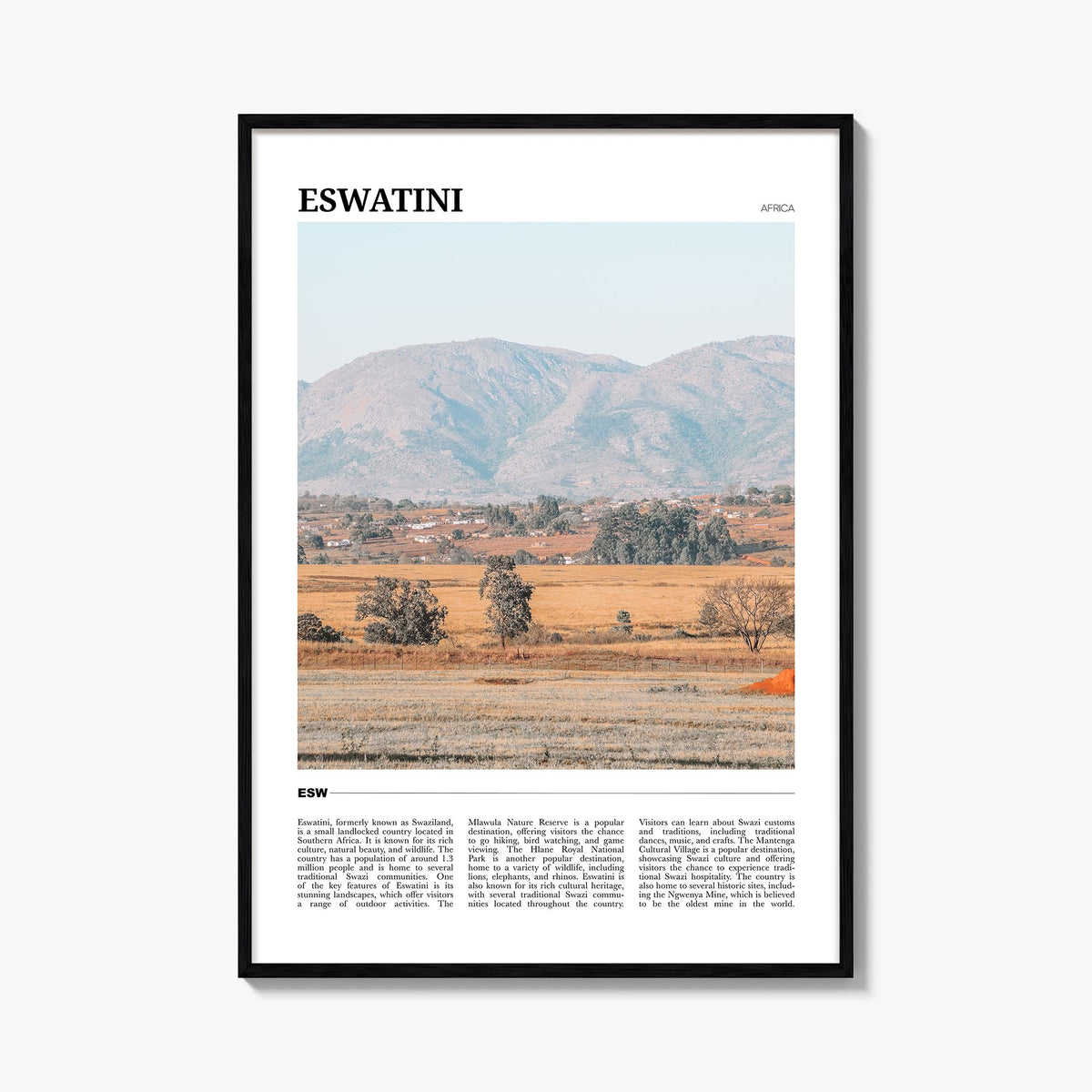 Eswatini colorful travel poster of Africa – vertical wall art, unframed print shown in interior mockup