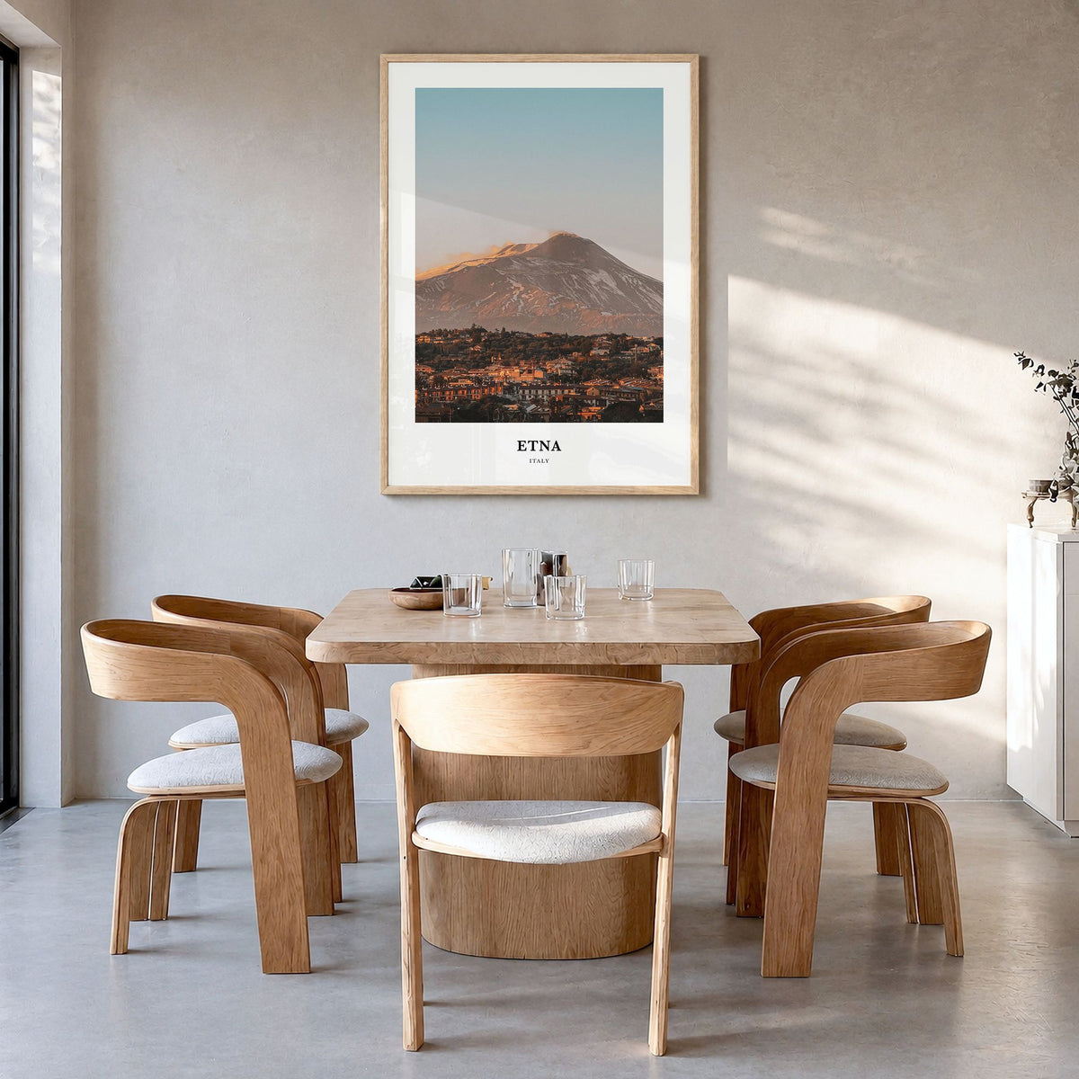 Etna Classic Poster in a natural wood frame, hanging in a dining room