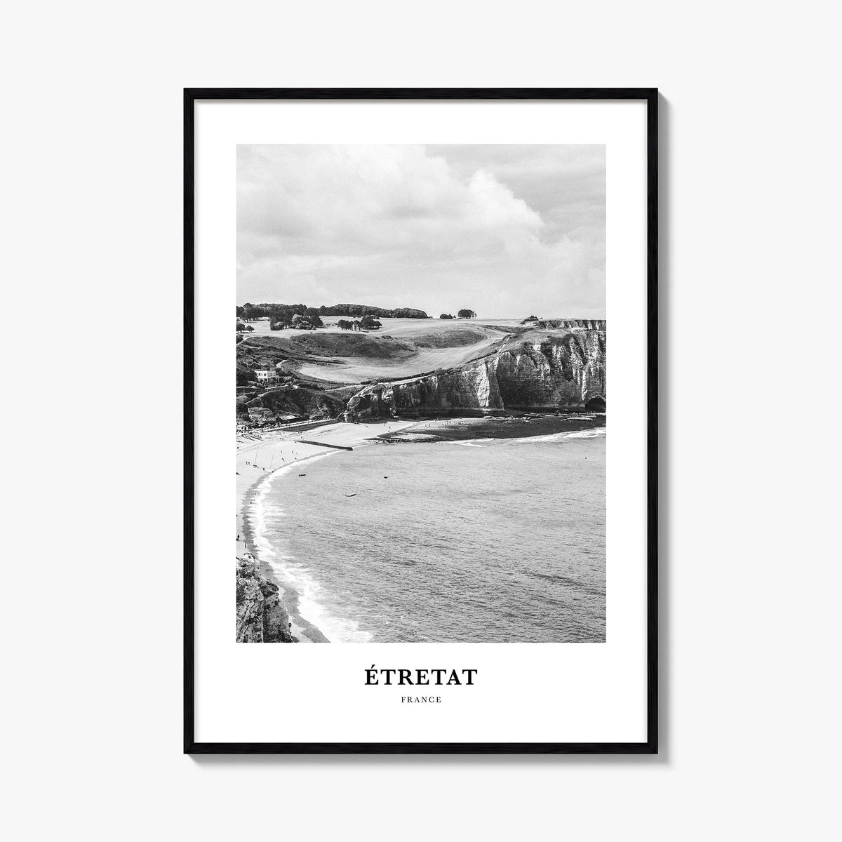 Étretat black & white classic poster of France – vertical wall art, unframed print shown in interior mockup