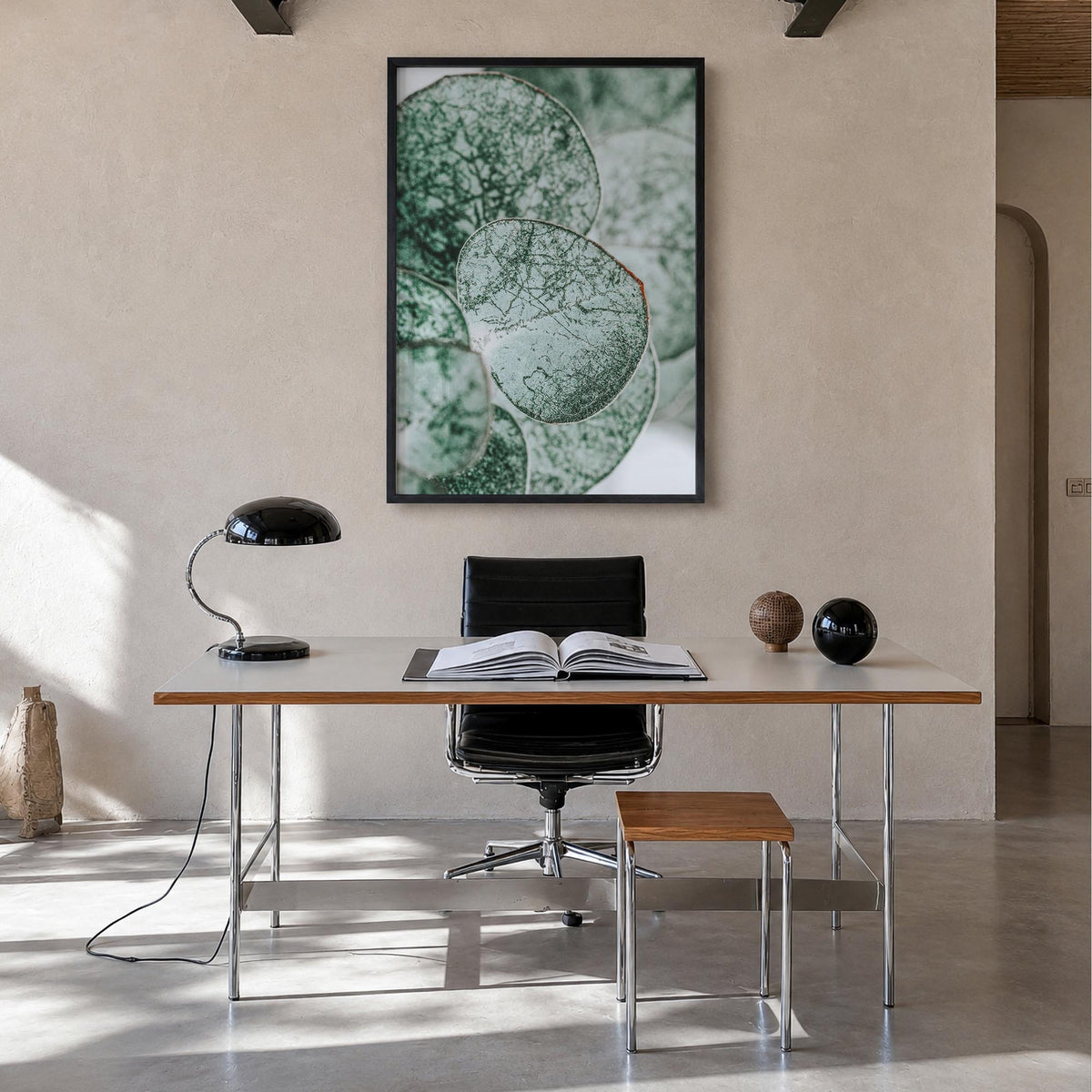 Eucalyptus Leaves colorful photo poster – vertical wall art in black wood frame, hanging on wall