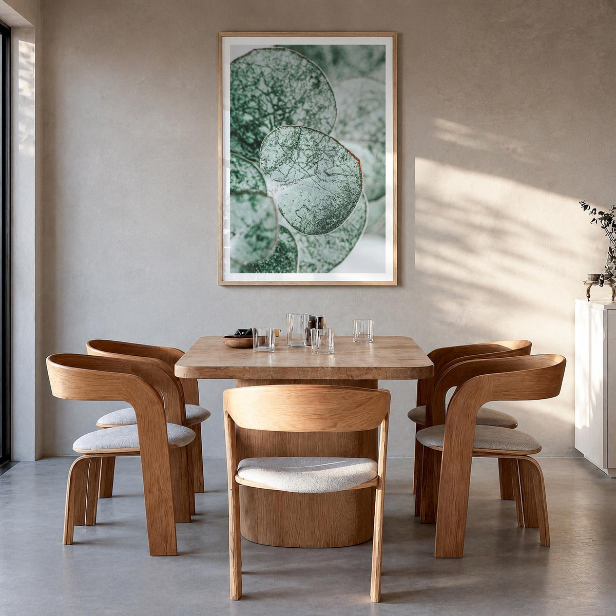 Eucalyptus Leaves colorful photo poster – vertical wall art in natural wood frame with white border, hanging on wall