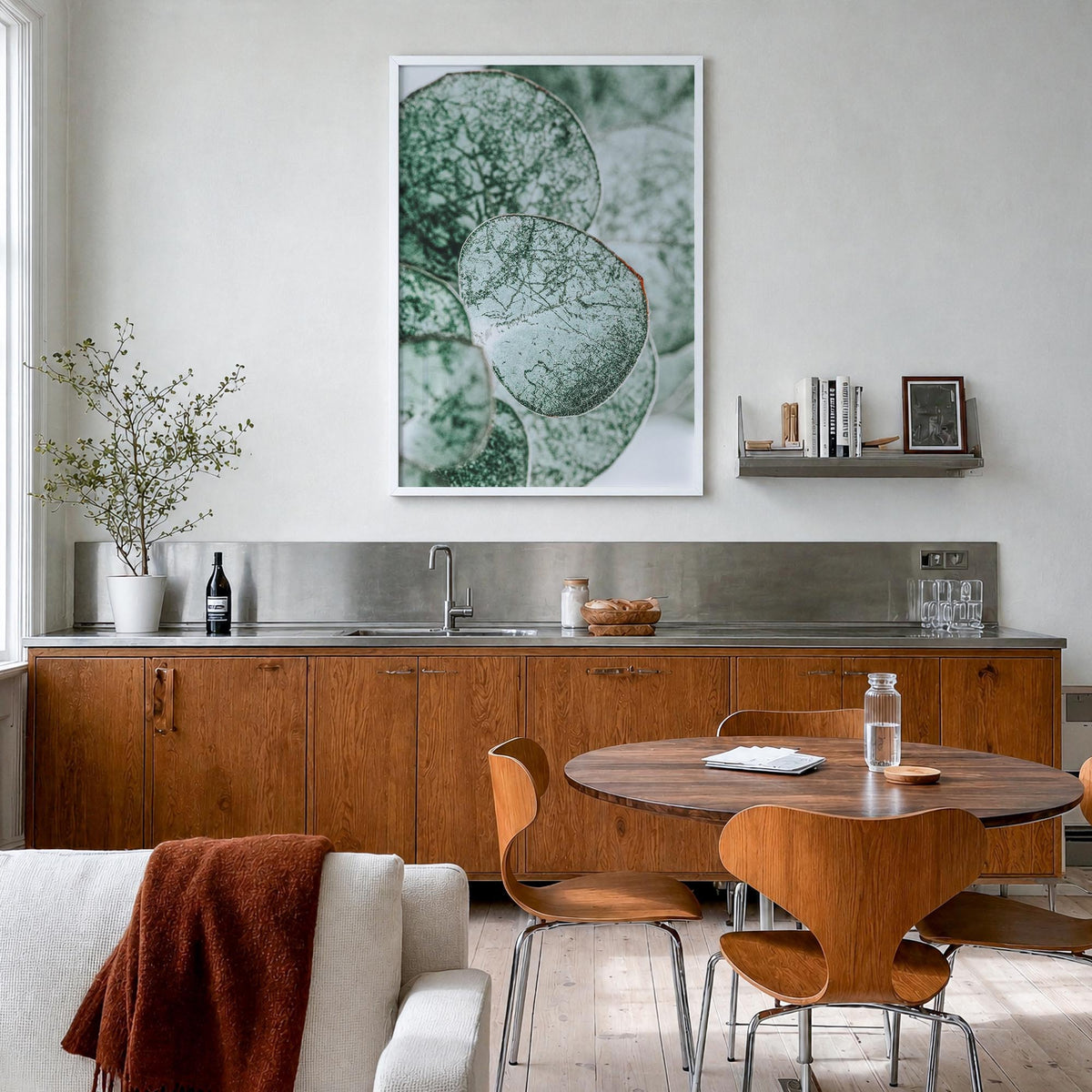 Eucalyptus Leaves colorful photo poster – vertical wall art in white wood frame, hanging on wall
