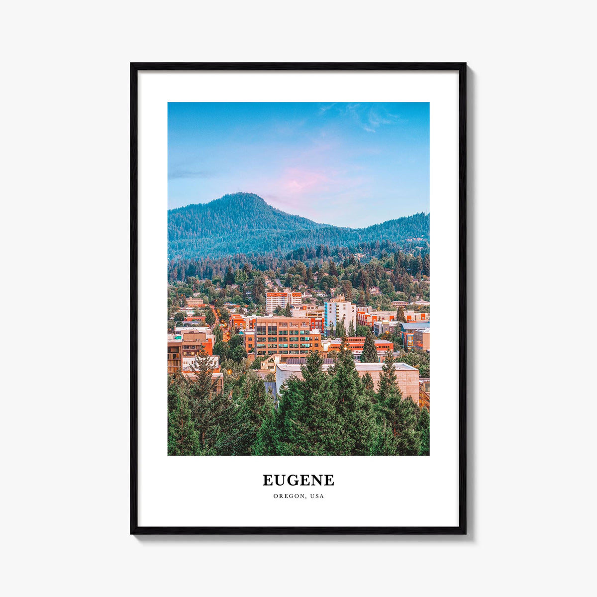 Eugene colorful classic poster of Oregon, USA – vertical wall art, unframed print shown in interior mockup