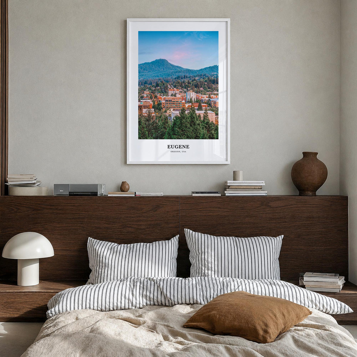 Eugene colorful classic poster of Oregon, USA – vertical wall art in white wood frame, hanging on wall