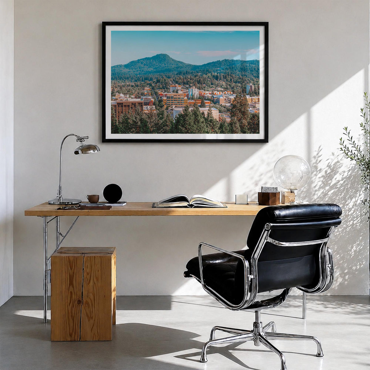 Eugene colorful photo poster of Oregon, USA – horizontal wall art in black wood frame with white border, hanging on wall