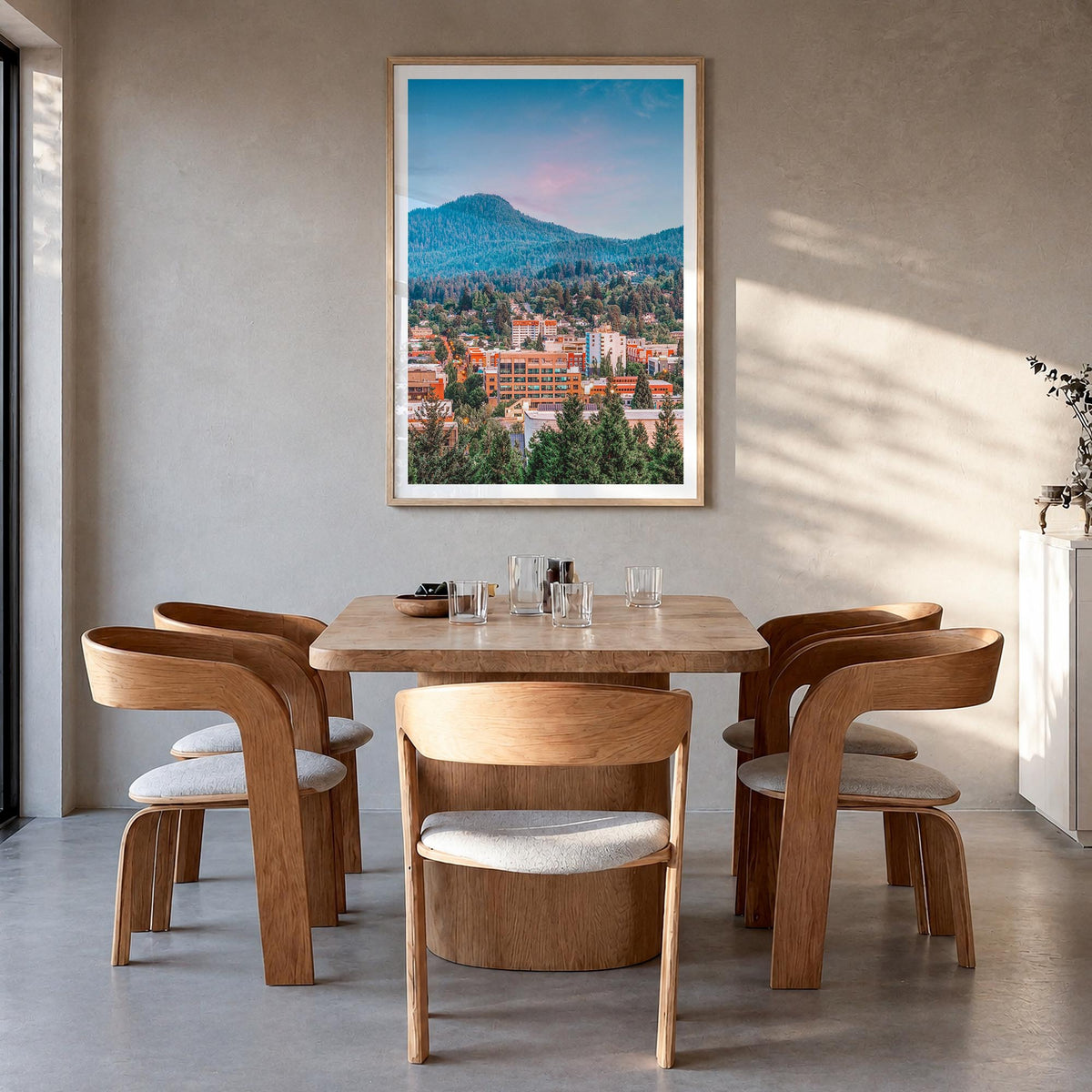 Eugene no. 1 colorful photo poster of Oregon, USA – vertical wall art in natural wood frame with white border, hanging on wal