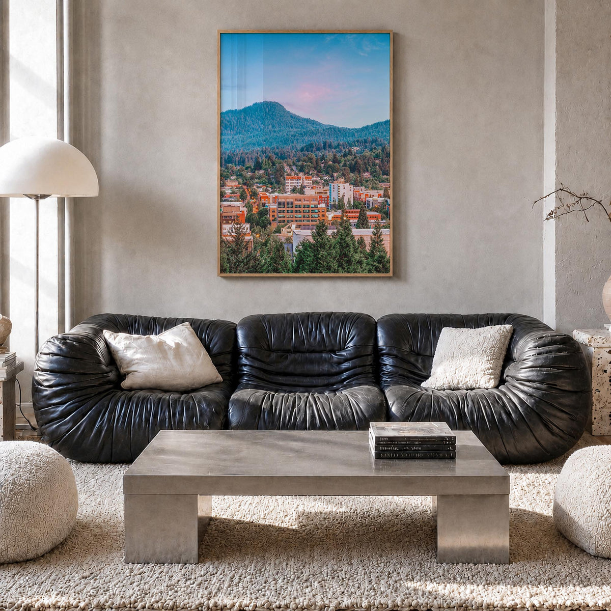 Eugene no. 1 colorful photo poster of Oregon, USA – vertical wall art in natural wood frame, hanging on wall