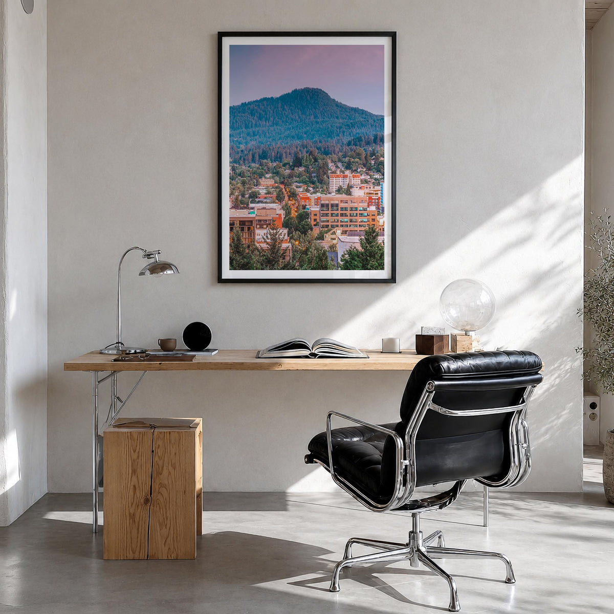 Eugene no. 2 colorful photo poster of Oregon, USA – vertical wall art in black wood frame with white border, hanging on wall