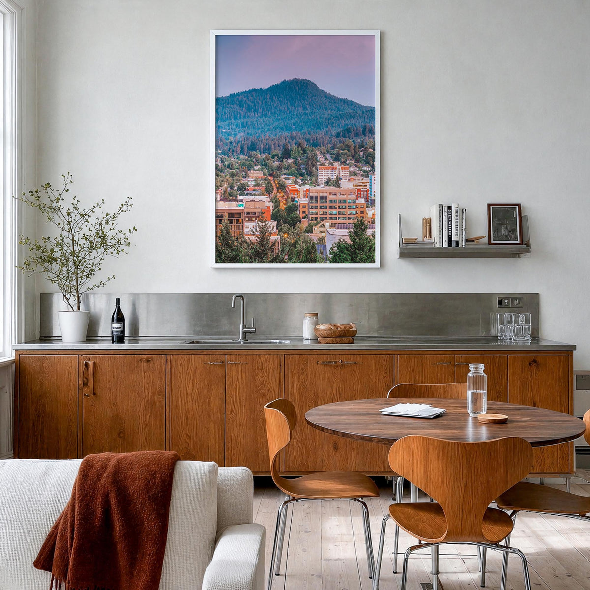 Eugene no. 2 colorful photo poster of Oregon, USA – vertical wall art in white wood frame, hanging on wall