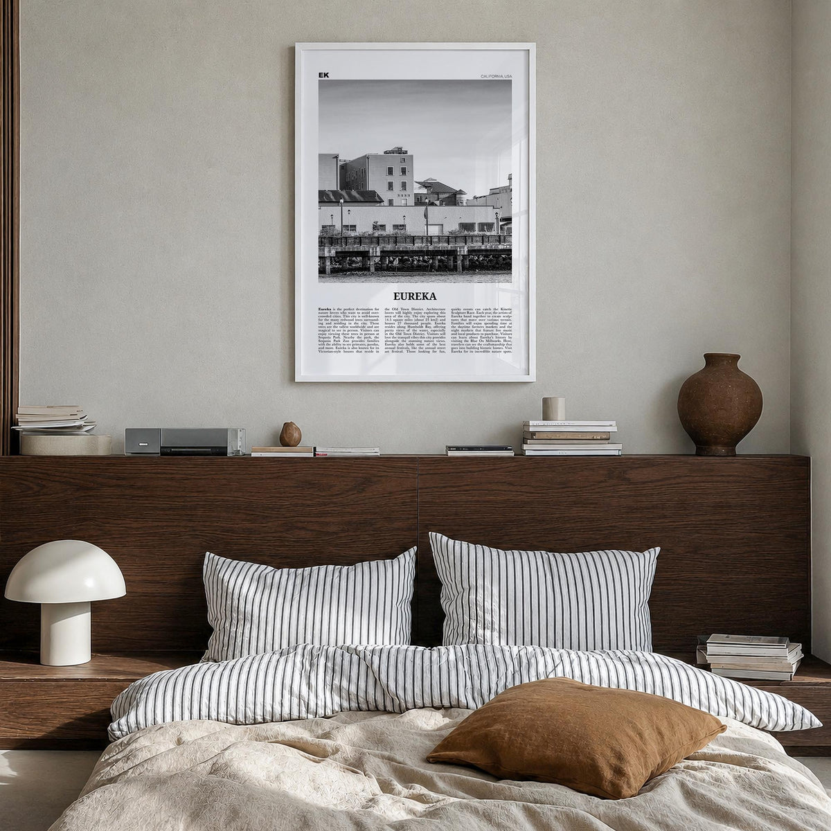 Eureka black & white newspaper poster of California, USA – vertical wall art in white wood frame, hanging on wall
