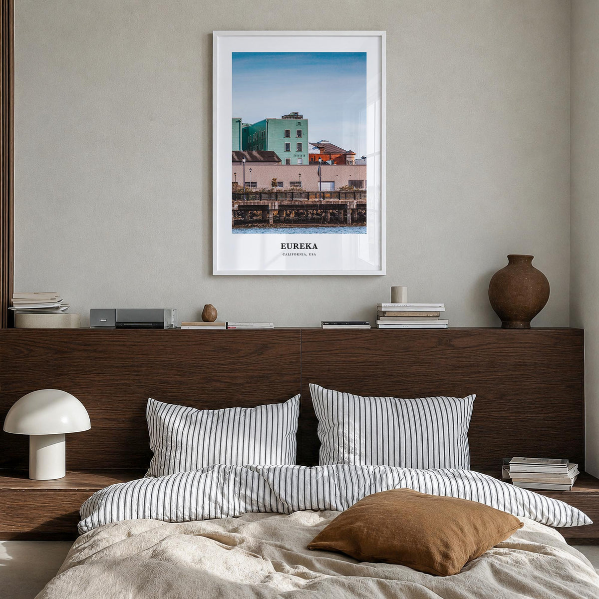 Eureka colorful classic poster of California, USA – vertical wall art in white wood frame, hanging on wall