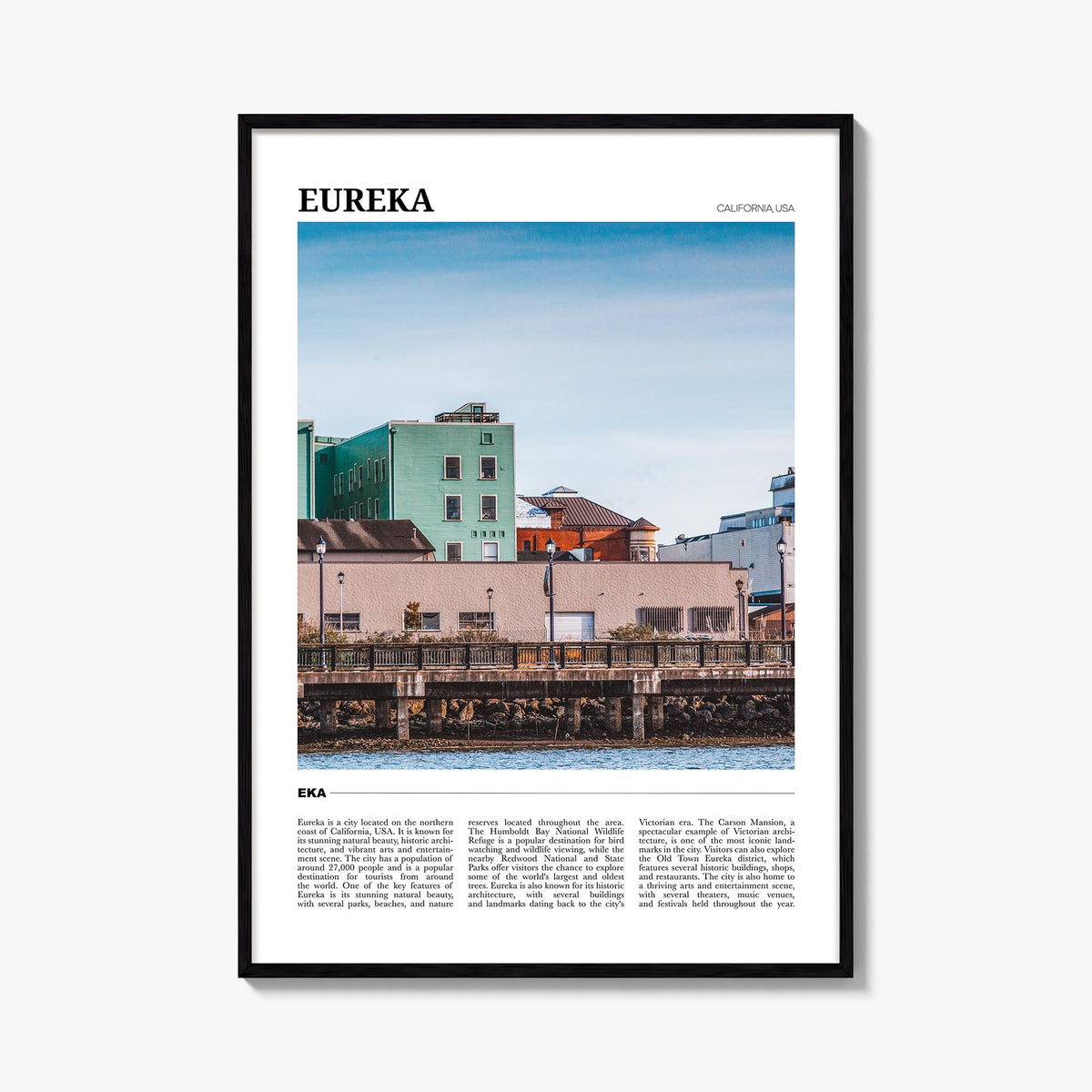 Eureka colorful travel poster of California, USA – vertical wall art, unframed print shown in interior mockup